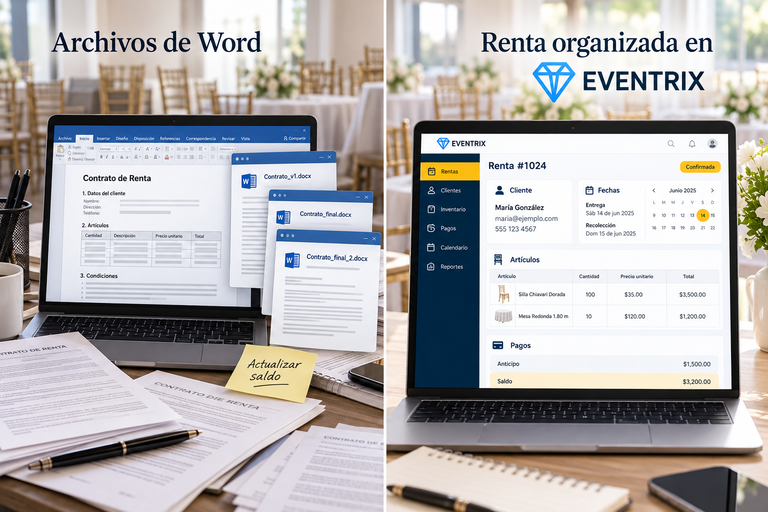 Comparación entre contratos en Word y una renta organizada en Eventrix con artículos, fechas y pagos