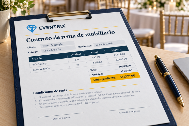 Detalle de un contrato de renta de mobiliario con logotipo de Eventrix, artículos, fechas, anticipo y saldo pendiente